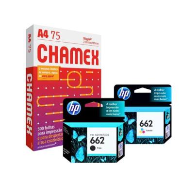 Imagem de Kit 2 Cartucho HP 662 Preto e Colorido + Resma de Papel Sulfite A4 Cha