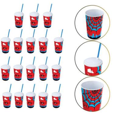 Imagem de Kit 18 Copo de Plástico 550 ML Herói Homem Aranha Com Canudo - Arqplas