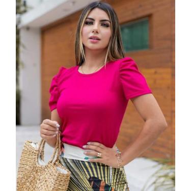 Imagem de Blusa feminina manga princesa bufante curta malha canelada gola rasa -