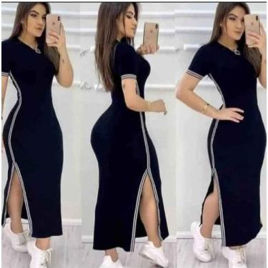 Imagem de Vestido longo listra na lateral manga curta malha canelada - filo moda