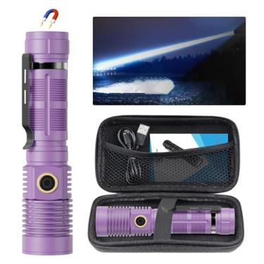 Imagem de Spriak Lanterna recarregável de alto lúmens, luz de flash magnético super brilhante, lanterna de LED com zoom de longo alcance para emergência, lanterna à prova d'água, regulável, roxa, 1 peça