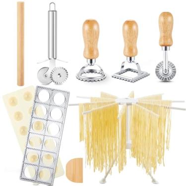 Imagem de Geetery Conjunto de 8 moldes de ravioli inclui 1 máquina de ravióli, 1 prateleira dobrável para secar massas, 1 rolo de massa de madeira, 1 fatiador de pizza, 1 raspador de massa, 3 carimbos de massa