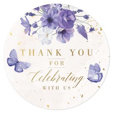 Imagem de Mobiusea Creation Adesivos florais roxos Thank You for Celebrating with Us | Adesivos de lembrancinha de casamento de folha dourada | 60 peças à prova d'água 5 cm etiquetas de agradecimento para chá