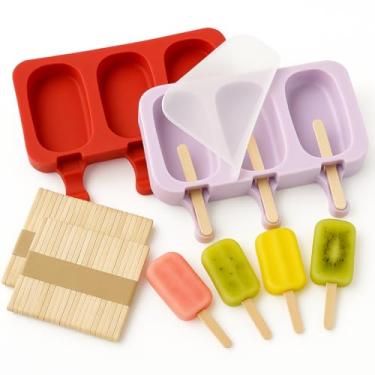 Imagem de Kit 2 Formas Sorvete Picole Caseiro Silicone Com 3 Cavidades Tampa 100 palitos