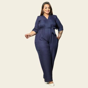 Imagem de Macacão Longo Plus Size Feminino Linho Decote V Sofisticado Lia Rosa, 