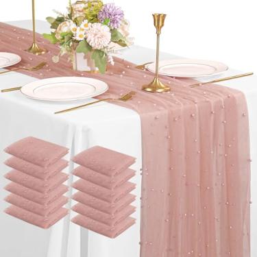 Imagem de Pacote com 12 corredores de mesa de 30 m pérola 76 x 30 cm tecido de tule rosa empoeirado boho rústico transparente toalha de mesa de renda para casamento chá de panela festa de aniversário arco véu