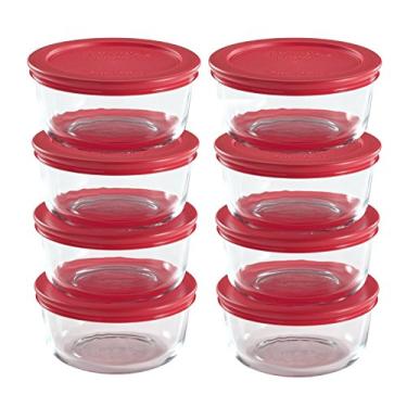 Imagem de Pyrex (8) Tigelas de vidro 7200 com 2 xícaras e (8) tampas vermelhas de armazenamento de alimentos 7200-PC