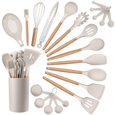 Imagem de HaWare Conjunto de utensílios de cozinha de cozinha, conjunto de espátula de silicone de 23 peças com suporte, cabo de madeira resistente ao calor, utensílio de cozinha para panelas antiaderentes