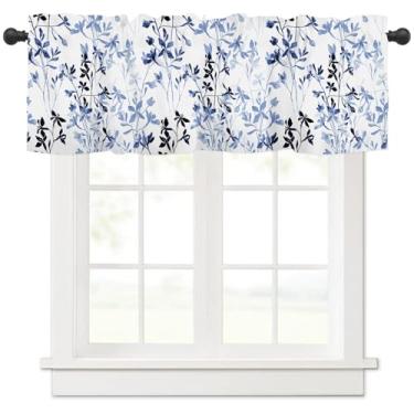 Imagem de Cortinas de cozinha florais azuis e pretas em aquarela, sanefas para janelas, folhas de fazenda, flores, bolso para varão, pequenos tratamentos de janela, cortina meio curta, 114 x 45 cm para