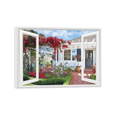 Imagem de Impressões Janela Falsas-Casa jardim-Paisagem Urbana Pinturas em Tela-Quadro para Decoração Sala de Estar Tela Embrulhada 50x70cm