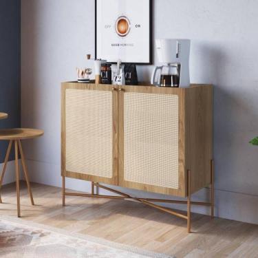 Imagem de Balcão Bar Hércules 2 Portas 93cm Palhinha Pés metálicos Boho Móvel na