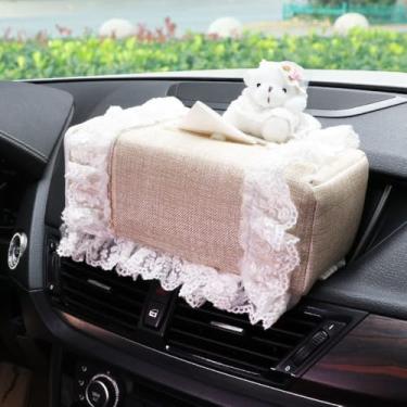 Imagem de Capa de caixa de lenços de papel de carro de renda, caixa de lenços de artigos para interiores de carro, decoração automotiva universal, fácil de carregar, adaptada para mulheres ou meninas (2)
