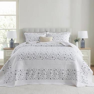 Imagem de CozyStitch Colcha de cama floral tamanho grande 325 x 304,8 cm, 100% algodão, colcha king extragrande, com 2 fronhas, conjunto de colcha acolchoada vintage leve, branco/azul, 3 peças