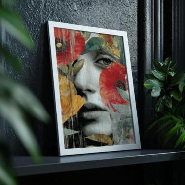 Imagem de Quadro Decorativo Mulher Flores Com Moldura - Arte Abstrata Floral Feminina Vintage Retrô Quarto Sala Decoração Moderno Colorido