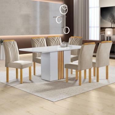 Imagem de Mesa de Jantar 6 Lugares Celeste com Vidro Off White/Cinamomo/Bege Claro - Cel Móveis