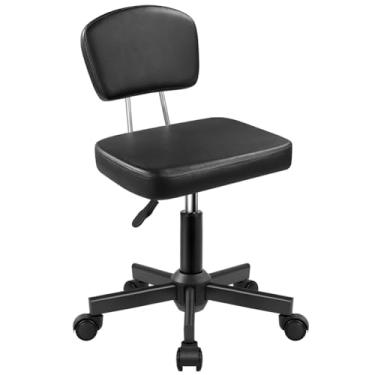 Imagem de WKWKER Banqueta de rodinhas com encosto ajustável em altura ajustável 360° banco giratório com rodas assento quadrado couro PU banco com rodinhas para quarto, balcão, salão, massagem, escritório em