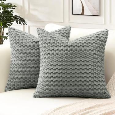 Imagem de OTOSTAR Capas de almofada decorativas de veludo cotelê Pom Poms 61 x 61 cm, super macias, boêmias, listradas, quadradas, geométricas, para sofá, sofá, quarto, carro, decoração, conjunto de 2, cinza