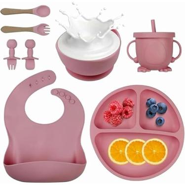 Imagem de Kit Introdução Alimentação Bebê 8 Peças em Silicone com Ventosa – Colher, Garfo, Copinho e Pratinho Atóxicos, Sem Pontas, Livre de BPA (Azul) - Qualidade Premium (Bordo)