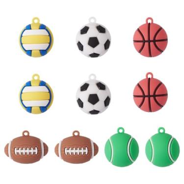 Imagem de FASHEWELRY Pingentes esportivos de plástico, 10 peças, futebol, basquete, tênis, rúgbi, pingentes, bola esportiva, pingentes para colar faça você mesmo, chaveiro, brinco, joias, artesanato