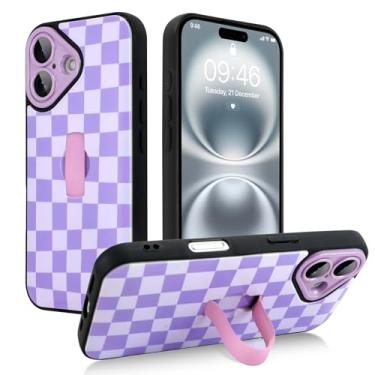 Imagem de SAKUULO Capa para iPhone 16 com alça de dedo para suporte, estampa roxa de xeque-mate para mulheres e homens, capa de proteção reforçada, xeque-mate roxo (6,1 polegadas)