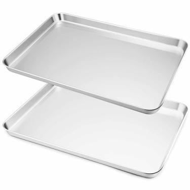 Imagem de Herogo Conjunto de assadeiras antiaderentes de aço inoxidável, conjunto de assadeiras retangulares de 43 x 33 cm para forno, 2 unidades de utensílios de cozinha multiuso, não tóxicos, resistentes e