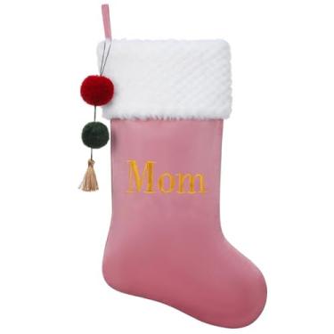 Imagem de Pxniy Meia de Natal rosa personalizada de 49,5 cm com iniciais bordadas - meias de lareira, decoração de festa de Natal em família, mãe