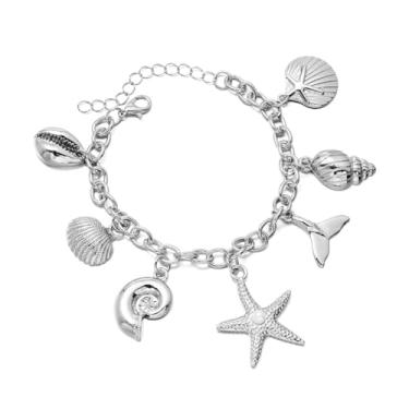 Imagem de MXUHUI Pulseiras com pingente de concha de estrela do mar Boho Shell feitas à mão e ajustáveis imitação de pérola concha do mar para mulheres verão praia férias bijuteria fantasia, One Size, Liga