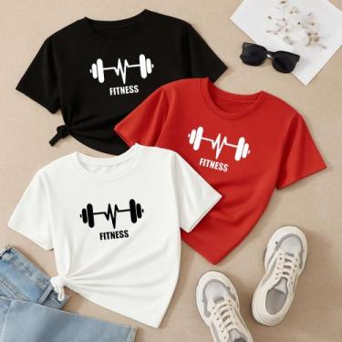 Imagem de Kit com 3 Camisetas De Algodão Estampa Barra Fitness Musculação Treino