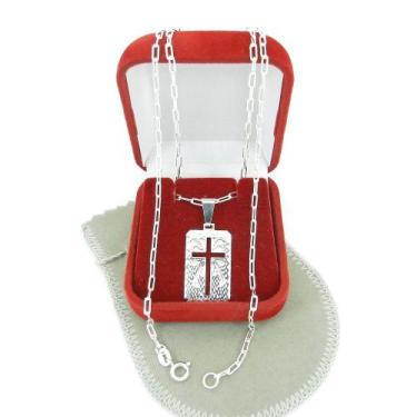 Imagem de Corrente Masculina 70cm 2mm Placa Cruz Folheada Prata CR646 - WNBIJOUT