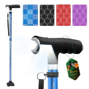 Imagem de BeneCane Bengala de caminhada feminina dobrável para homens com duas luzes de LED, bengala quádrupla com base estável, leve e ajustável