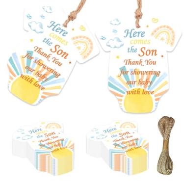 Imagem de Serencatcher Here Comes the Son Baby Tea Favors - 50 peças Thank You for Showering Our Baby with Love Gift Tags, Cartões de agradecimento em forma de roupa para tema Sun Sunshine It's a Boy Party