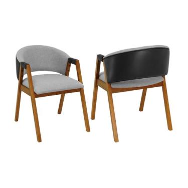 Imagem de Kit 2 Cadeiras Califórnia Encosto Anatômico e Braços em Corano - Amêndoa - Corano Preto/Linho Cinza Mescla Impermeável