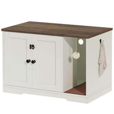 Imagem de Timberer Caixa de areia para gatos, armário de caixa de areia escondido com sino, banheiro de madeira para gatos, casa interna para gatos, marrom e branco rústico