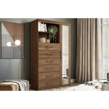 Imagem de Cômoda Solteiro Marabá 1.6 c/ 1 Porta 2 Nichos e 6 Gavetas c/ Espelho Jatoba - Santos Andirá