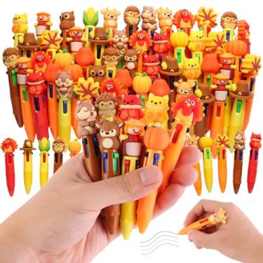Imagem de Caneta colorida multicolorida de Ação de Graças em um desenho animado fofa, divertida, 4 em 1, canetas esferográficas fofas e fofas Kawaii, folhas de bordo, abóboras, espantalhos e perus, para