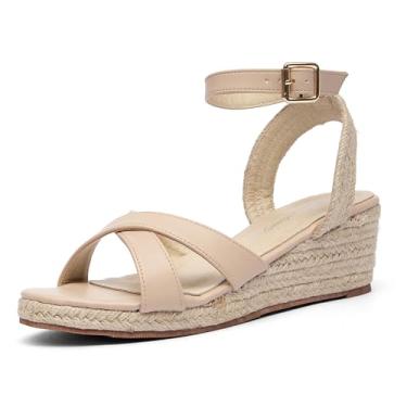 Imagem de getmorebeauty Sandália feminina de alpargatas com salto alto e plataforma com fivela aberta e elástica, Bege, 35