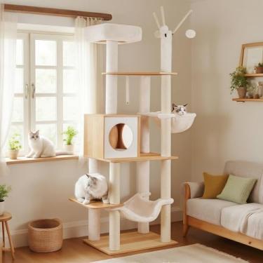 Imagem de Hey-brother Árvore de gato para gatos de interior, casa de gato de madeira de 168 cm de altura para gatos grandes, torre moderna para gatos com postes de arranhar, redes, brinquedos, condomínio, nogueira MPJ120WB