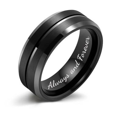 Imagem de LerchPhi Aliança de casamento masculina preta de 6 mm, 8 mm, borda chanfrada, com borda chanfrada, com gravação personalizada para homens, anéis de compromisso para ele e ela, Metal, Sem pedra
