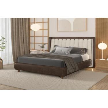 Imagem de Cabeceira Casal Com Led e Cama Linho Off White - Nobuck Marron - Quale
