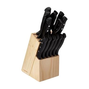 Imagem de Farberware Conjunto de 22 peças de bloco de facas de aço inoxidável de alto carbono com borda ondulada resistente à ferrugem, madeira de faia/preta