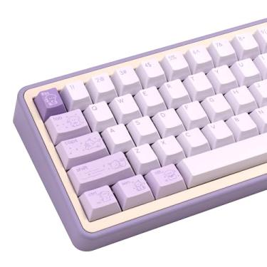 Imagem de TIMSEKER Teclado minimalista PBT fofo, perfil cereja roxo claro tampa de chave personalizada para teclado mecânico de jogos, conjunto de teclas de sublimação de tinta de 130 teclas