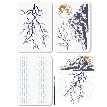 Imagem de MAYJOYDIY 3 peças de estêncil relâmpago em camadas, estêncil de clima chuvoso para pintura 21 x 29 cm, modelo de desenho de tempestade de natureza com pincel para decoração de parede de móveis, tela