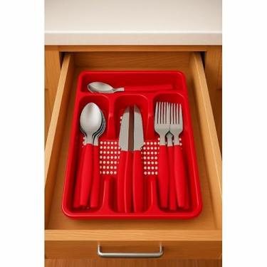 Imagem de Faqueiro Inox 17pcs com Cabo Plastico e Suporte Gaveteiro Vermelho