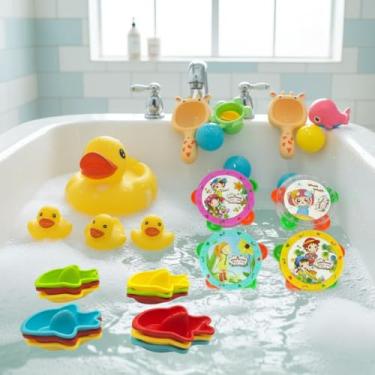 Imagem de Kit de Brinquedos para Banho de Bebê 11 Peças Com Patinhos de Borracha Mini Pandeiro Musical Brinquedos Flutuantes
