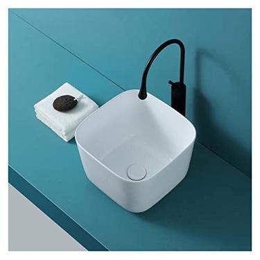 Imagem de Pias de banheiro 35,5 cm x 35,5 cm Pia quadrada de banheiro Filé de pia de banheiro design de pia de vaso de cerâmica branca acima do balcão pia do vaso de banheiro pia de vaso