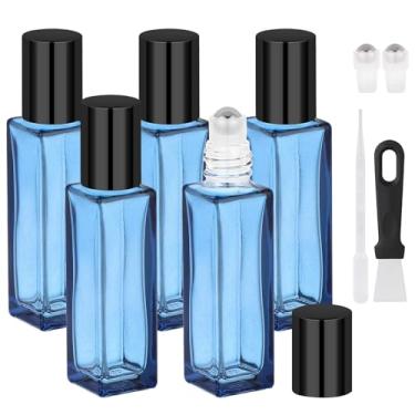 Imagem de Segbeauty Pacote com 5 frascos de rolo de óleo essencial quadrados de 9,6 g, bolas de rolo de vidro azul escuro de 10 ml com tampas, garrafa rollerball vazia de aço inoxidável para viagem, recipiente