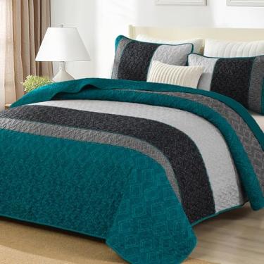 Imagem de Conjunto de colcha boho, tamanho Queen, conjunto de colcha xadrez listrada, azul pavão, conjunto de cama de microfibra macia com 2 fronhas 244 x 228 cm