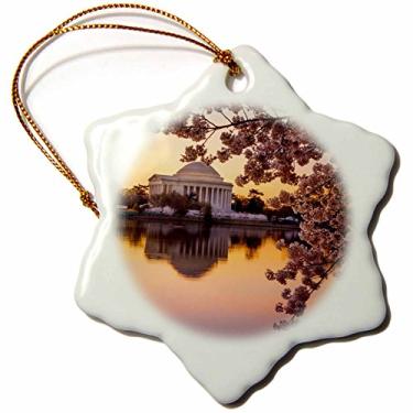 Imagem de 3dRose Flores de cerejeira e o memorial Jefferson ao amanhecer, Washington DC, ornamento de flocos de neve dos EUA