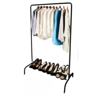 Imagem de Organizador De Roupas Cabideiro De Chão Arara Com Sapateira Em Aço Desmontável (ARARA DE CHÃO PRETO)