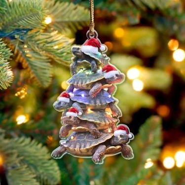 Imagem de Enfeite de Natal de árvore de tartaruga 2025, animal de estimação 9,5 cm (plano 2D) enfeite de acrílico de dupla face, presente para amantes de tartarugas, fãs de répteis, amadores de aquário